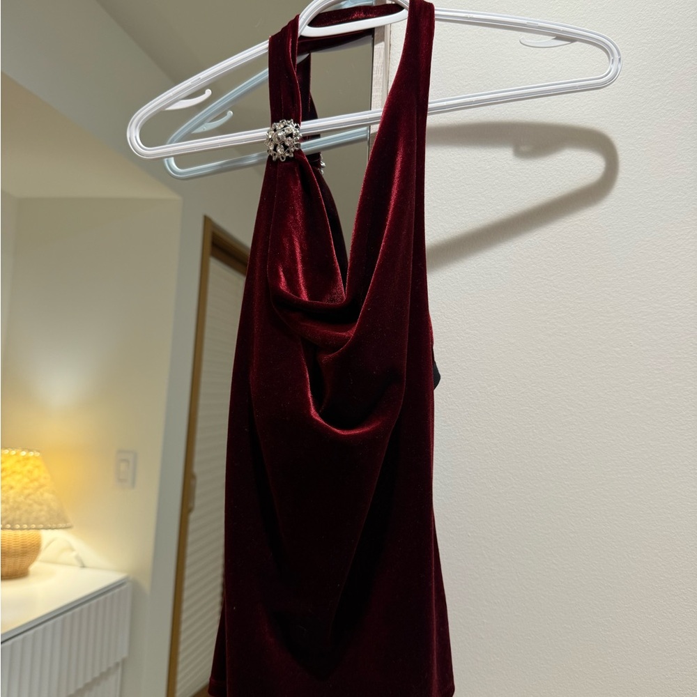 Le Chateau Deep Red Velvet Halter Blouse